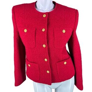 Jason Prescott Vintage Red Tweed Boucle Blazer w/ Gold Buttons & 96% Wool Size 6